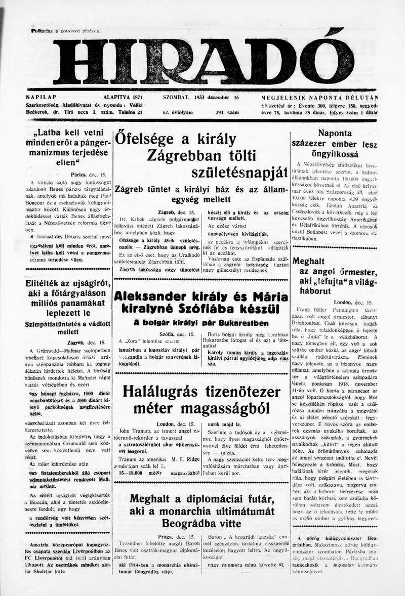 Híradó, 62. évf. 1933. december 16. 294. sz.