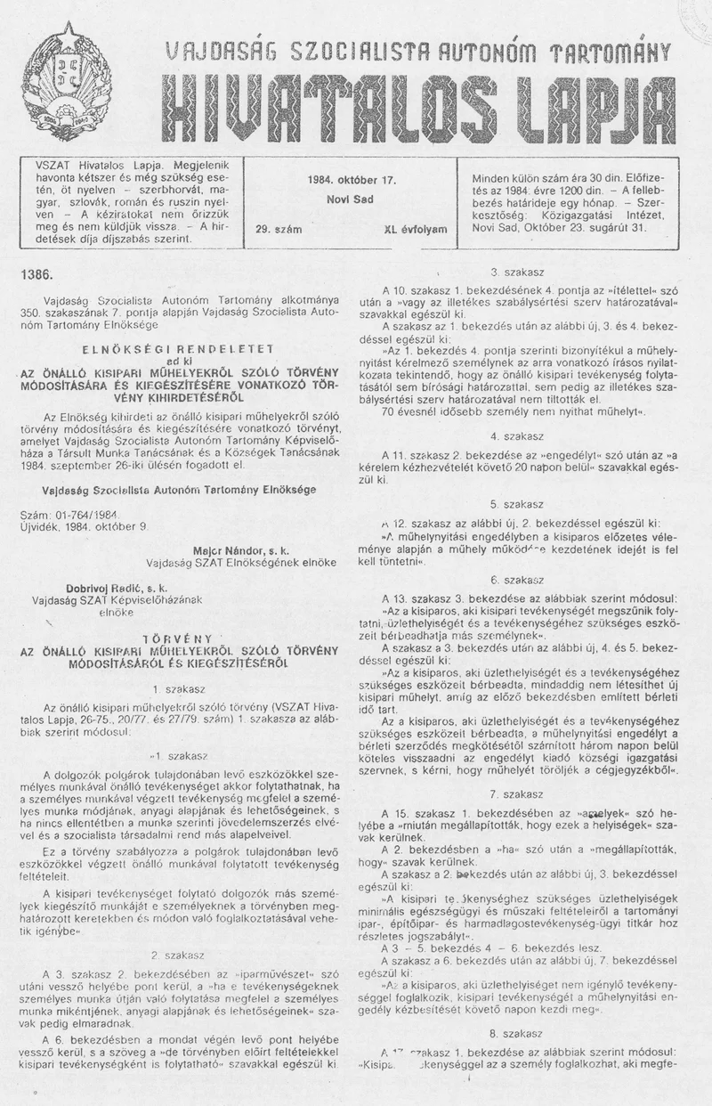 Vajdaság Szocialista Autonóm Tartomány Hivatalos Lapja, 40. évf. 1984. október 17. 29. sz.