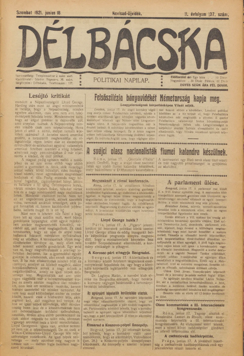 Délbácska, 2. évf. 1921. június 18. 137. sz.
