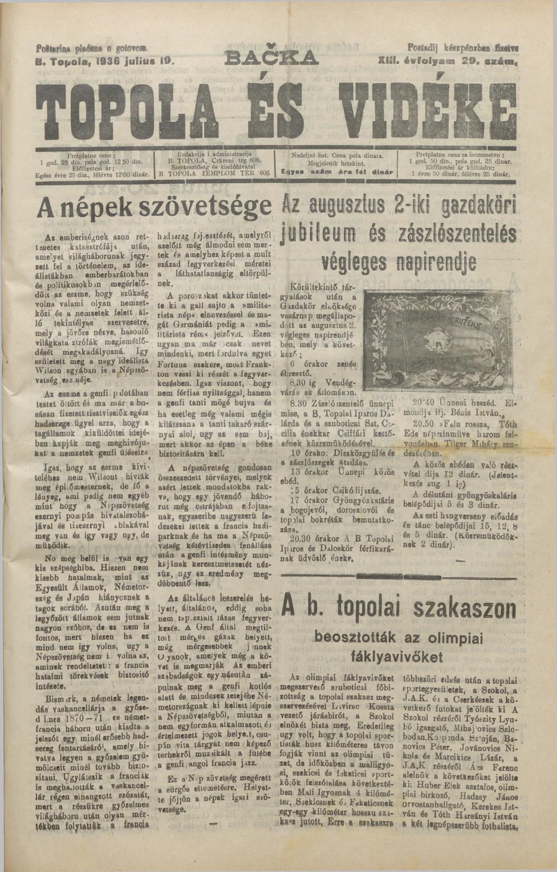 Bačka Topola és Vidéke, 13. évf. 1936. július 19. 29. sz.