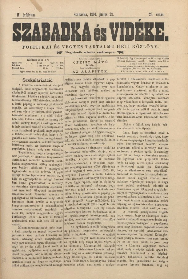 Szabadka és vidéke II, 4. évf. 1896. június 28. 26. sz.