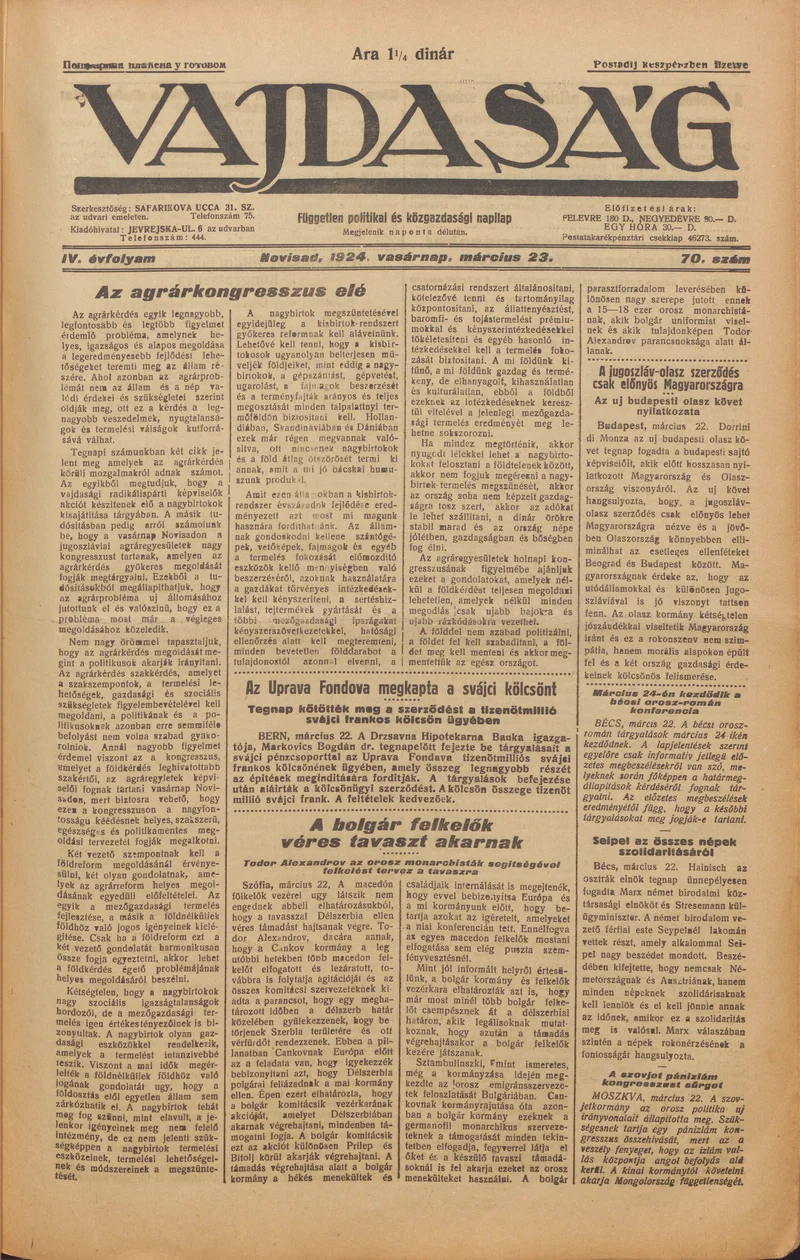 Vajdaság, 4. évf. 1924. március 23. 70. sz.