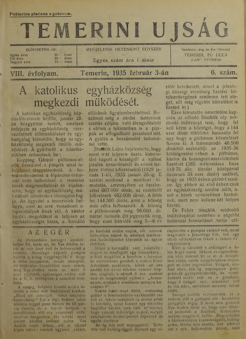 Temerini Újság 1928-1944, 8. évf. 1935. február 3. 6. sz.