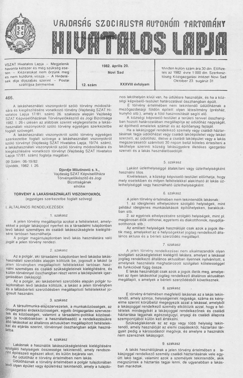 Vajdaság Szocialista Autonóm Tartomány Hivatalos Lapja, 38. évf. 1982. április 20. 12. sz.
