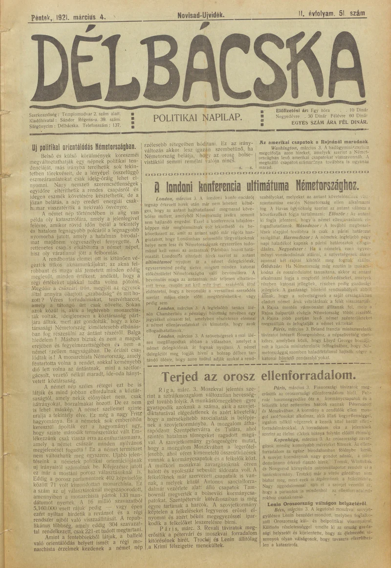 Délbácska, 2. évf. 1921. március 4. 51. sz.