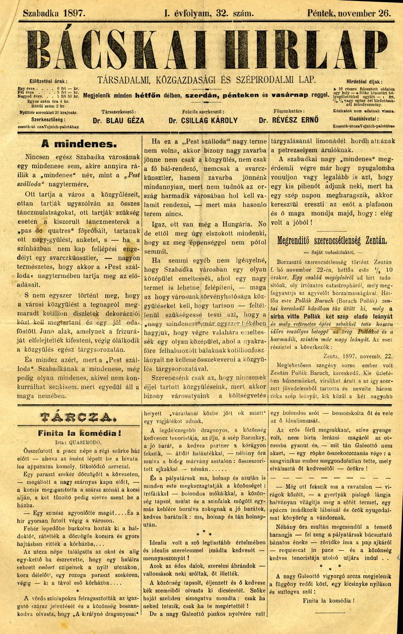 Bácskai Hirlap, 1. évf. 1897. november 26. 32. sz. 1–4. oldal