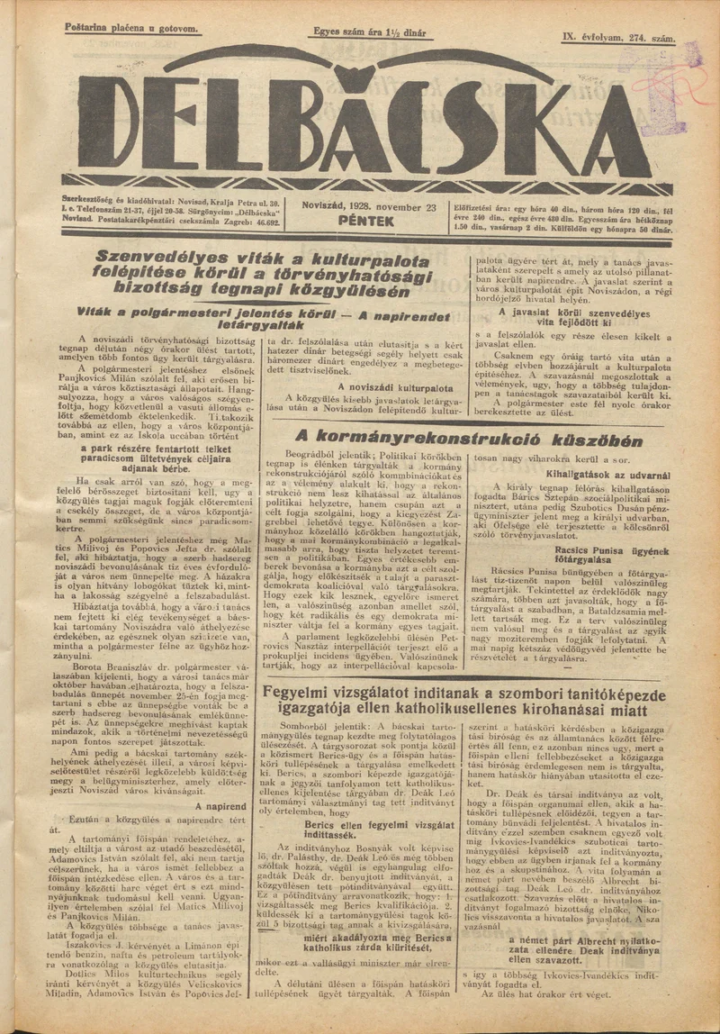 Délbácska, 9. évf. 1928. november 23. 274. sz.
