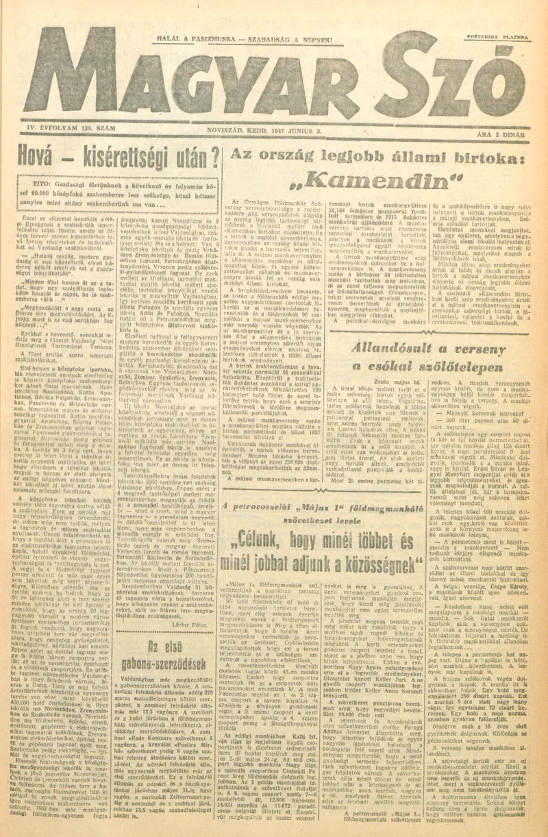 Magyar Szó, 4. évf. 1947. június 3. 138. sz. 1–6. oldal