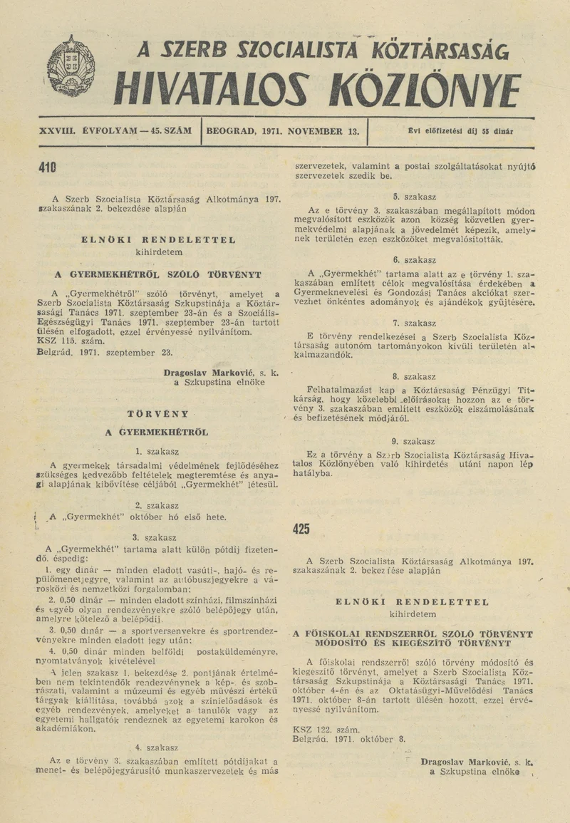 A Szerb Szocialista Köztársaság Hivatalos Közlönye, 27. évf. 1971. november 13. 45. sz. 993–999. oldal