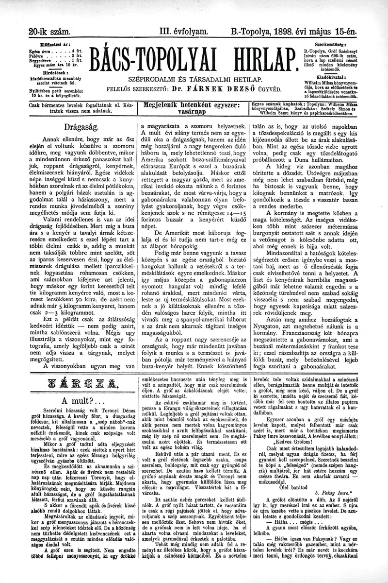 Bács-Topolyai Hirlap, 3. évf. 1898. május 15. 20. sz.
