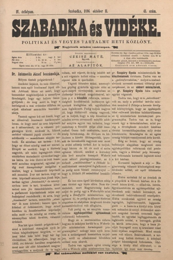 Szabadka és vidéke II, 4. évf. 1896. október 11. 41. sz.