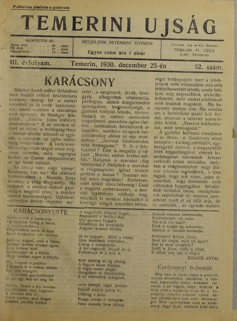 Temerini Újság 1928-1944, 3. évf. 1930. december 25. 52. sz.