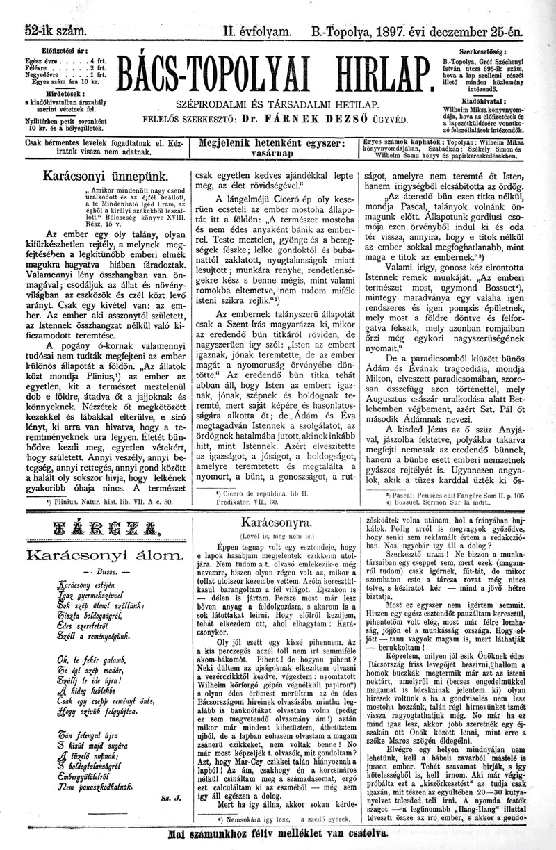 Bács-Topolyai Hirlap, 2. évf. 1897. december 25. 52. sz.