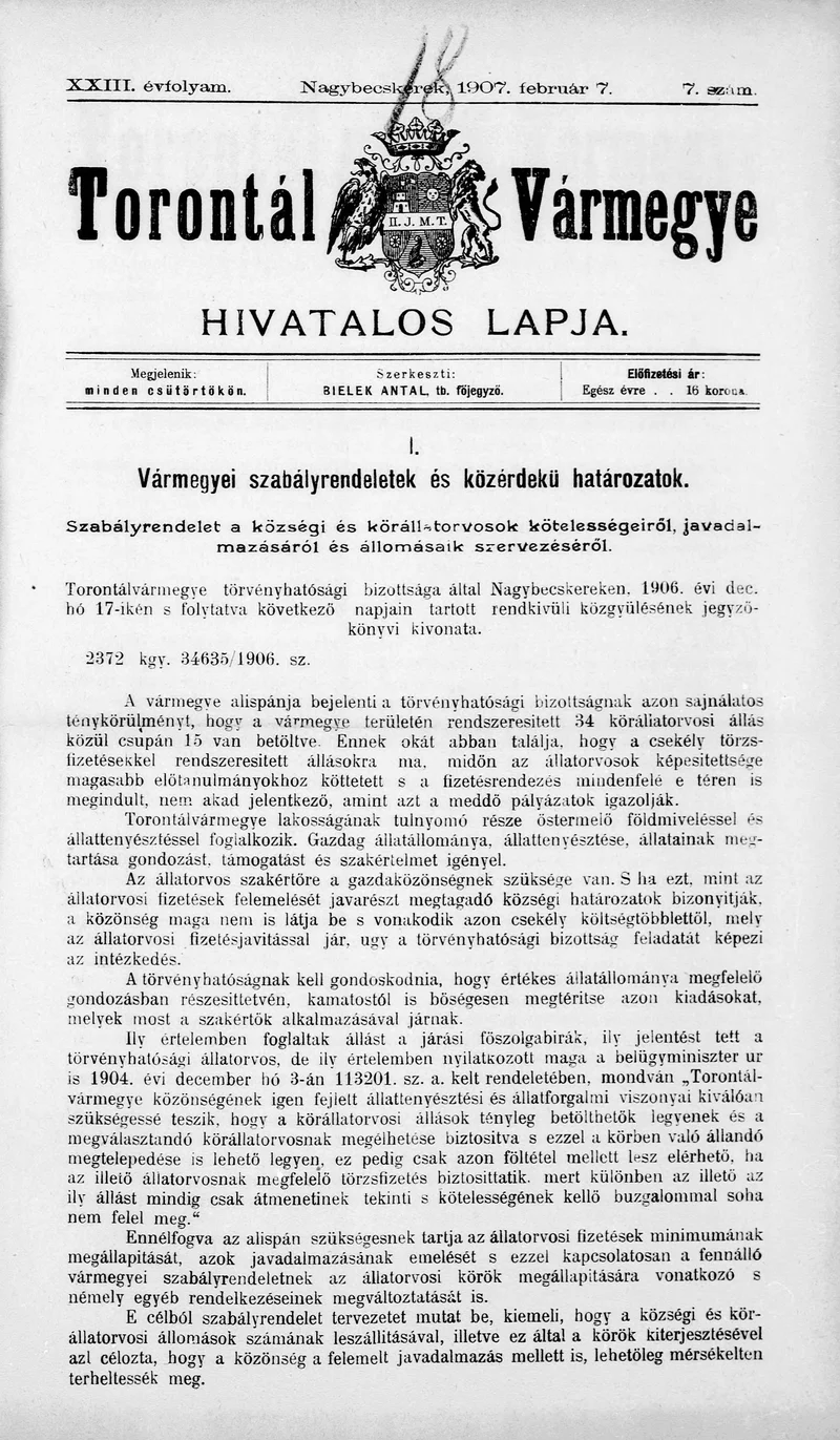 Torontál Vármegye Hivatalos Lapja, 23. évf. 1907. február 7. 7. sz.
