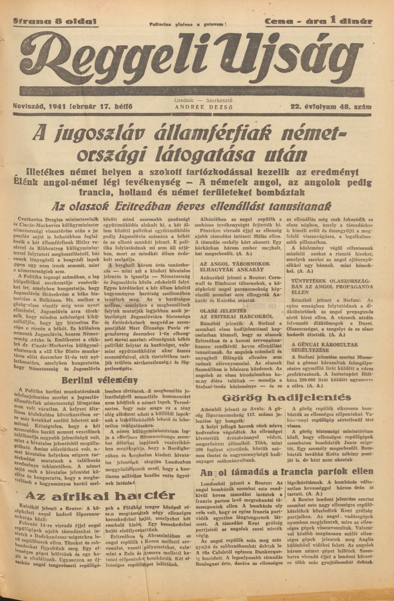 Reggeli Újság, 22. évf. 1941. február 17. 48. sz.