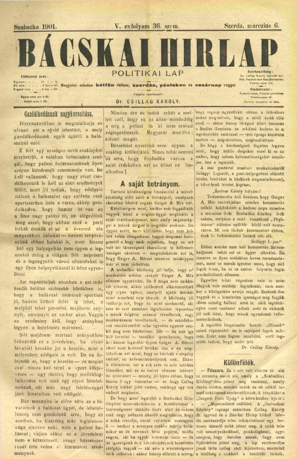 Bácskai Hirlap, 5. évf. 1901. március 6. 36. sz.