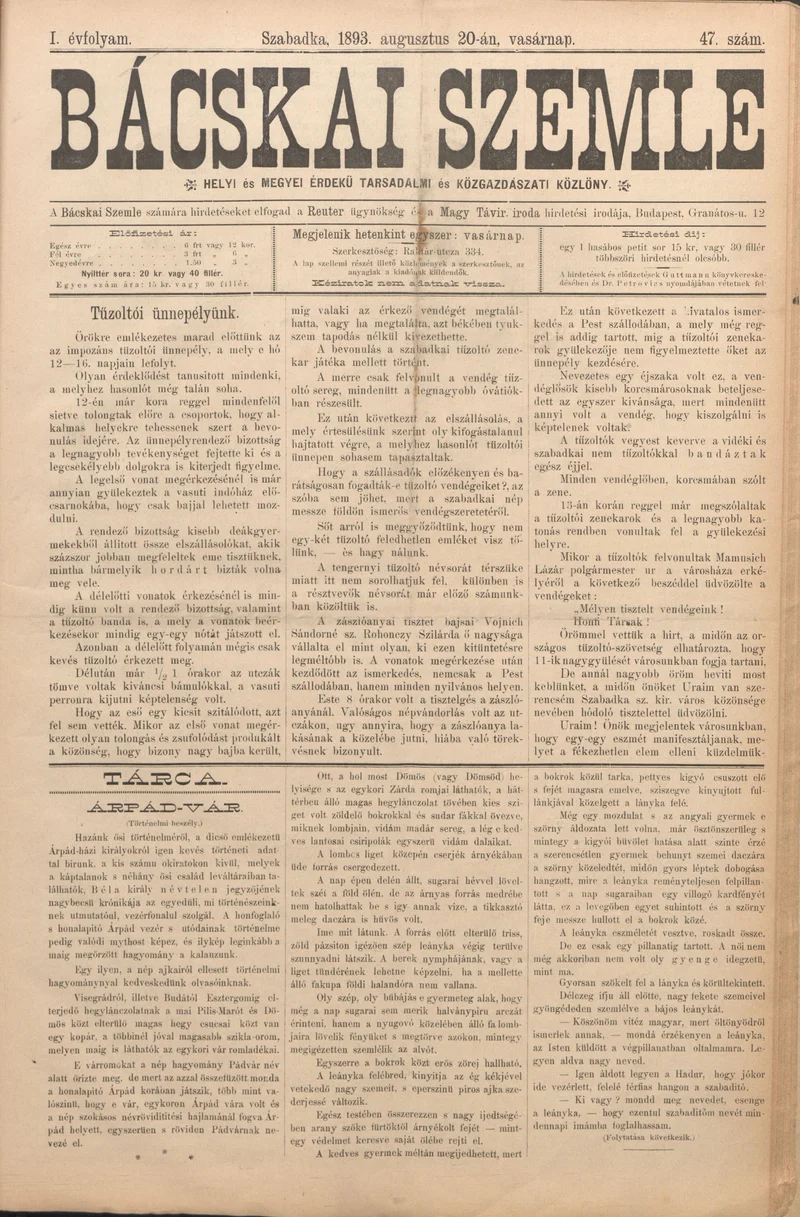 Bácskai Szemle, 1. évf. 1893. augusztus 20. 47. sz.