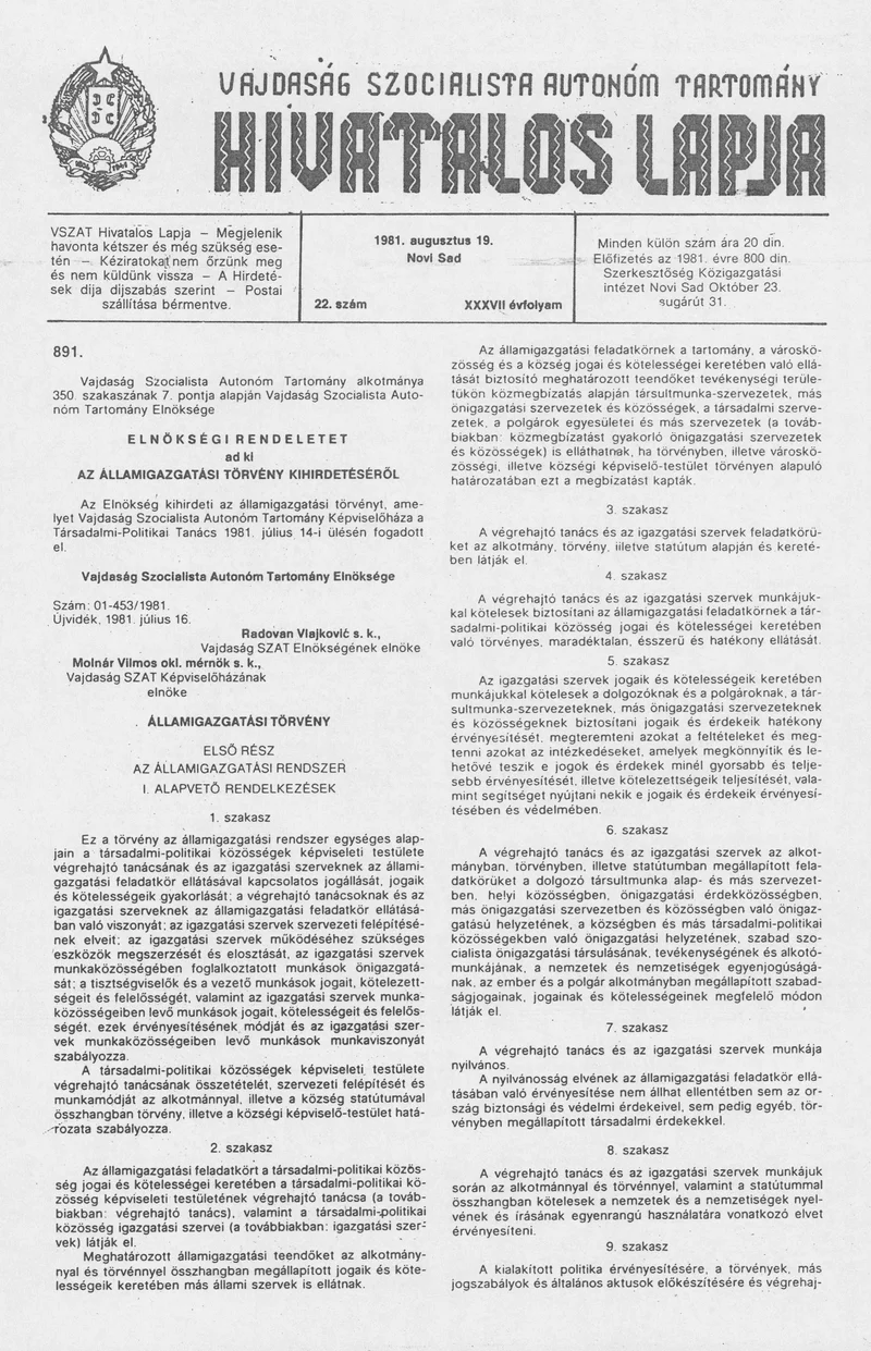 Vajdaság Szocialista Autonóm Tartomány Hivatalos Lapja, 37. évf. 1981. augusztus 19. 22. sz.