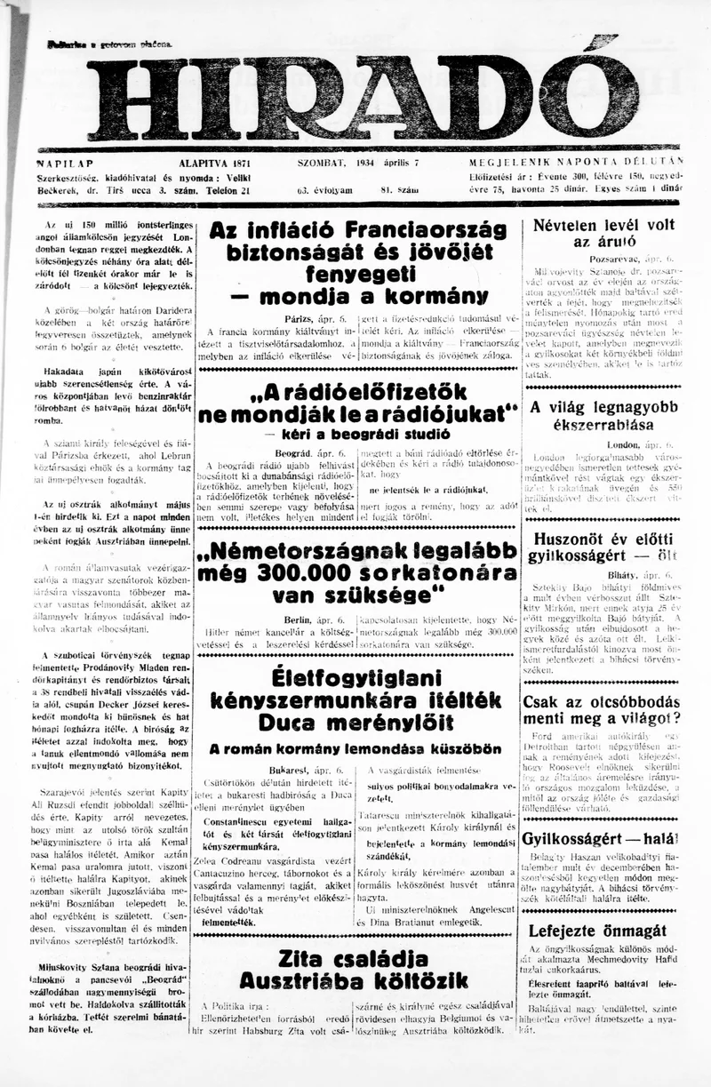 Híradó, 63. évf. 1934. április 7. 81. sz.