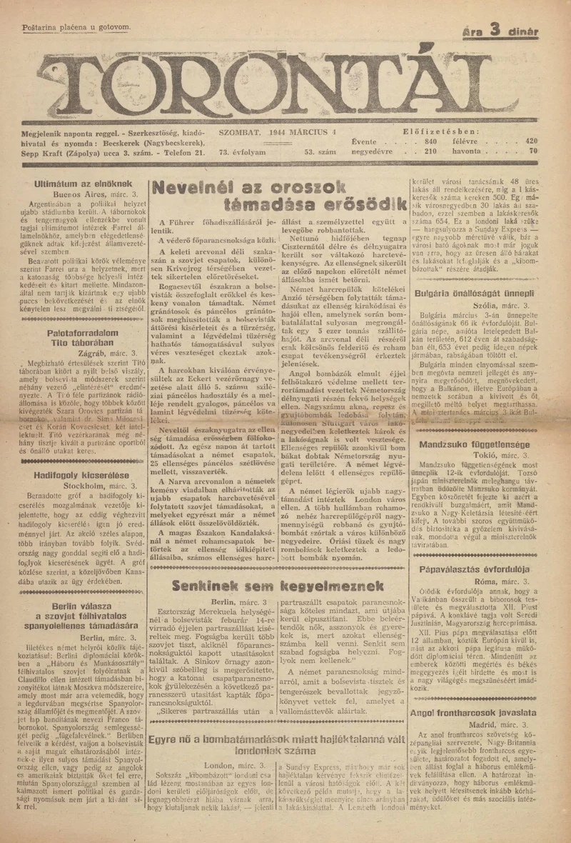 Torontál, 73. évf. 1944. március 4. 53. sz.