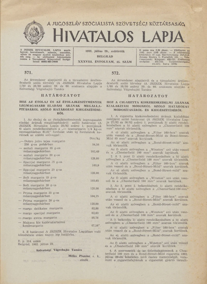 A Jugoszláv Szocialista Szövetségi Köztársaság Hivatalos Lapja, 38. évf. 1982. július 29. 45. sz. 1185–1188. oldal