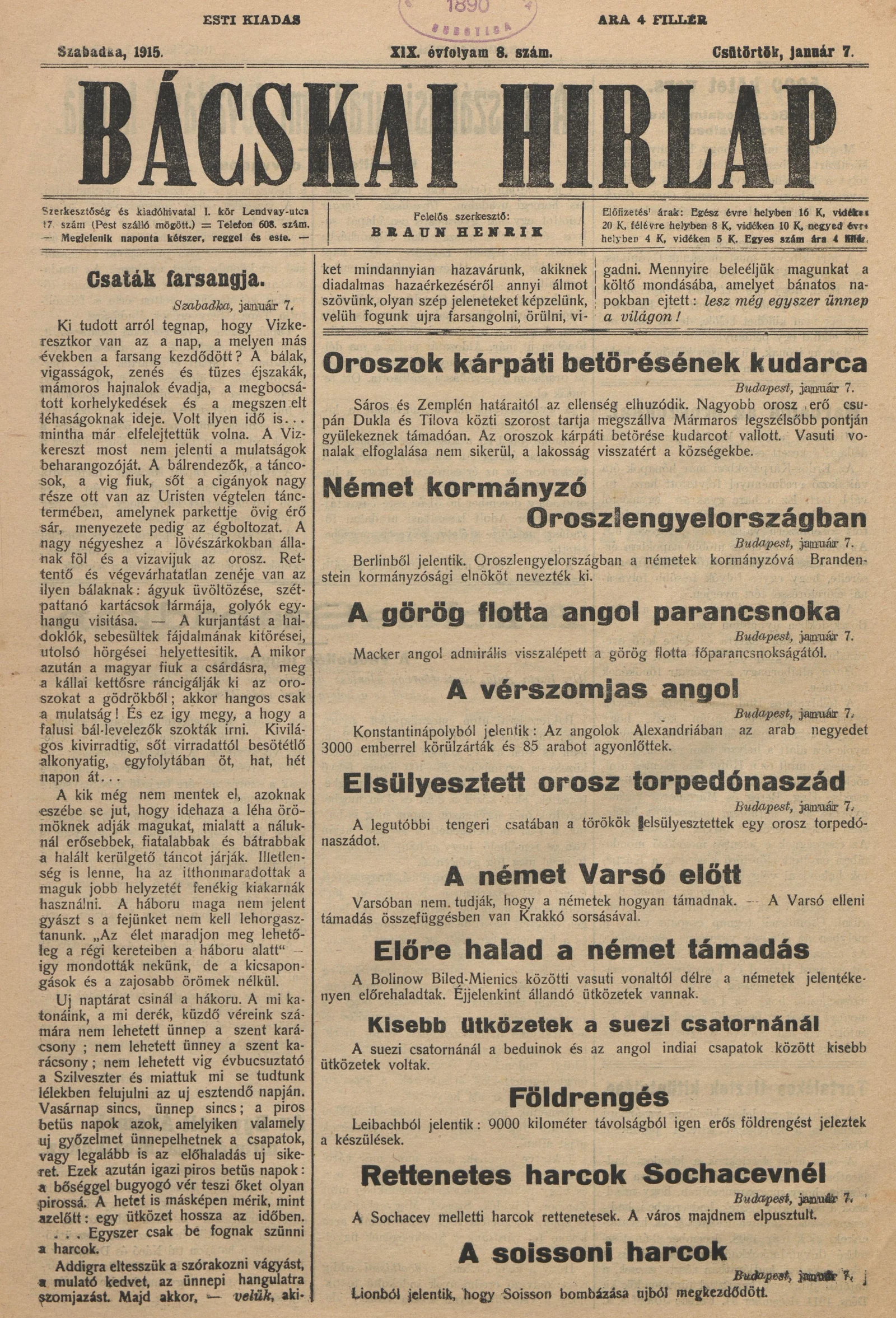 Bácskai Hirlap, 19. évf. 1915. január 7. 8. sz.