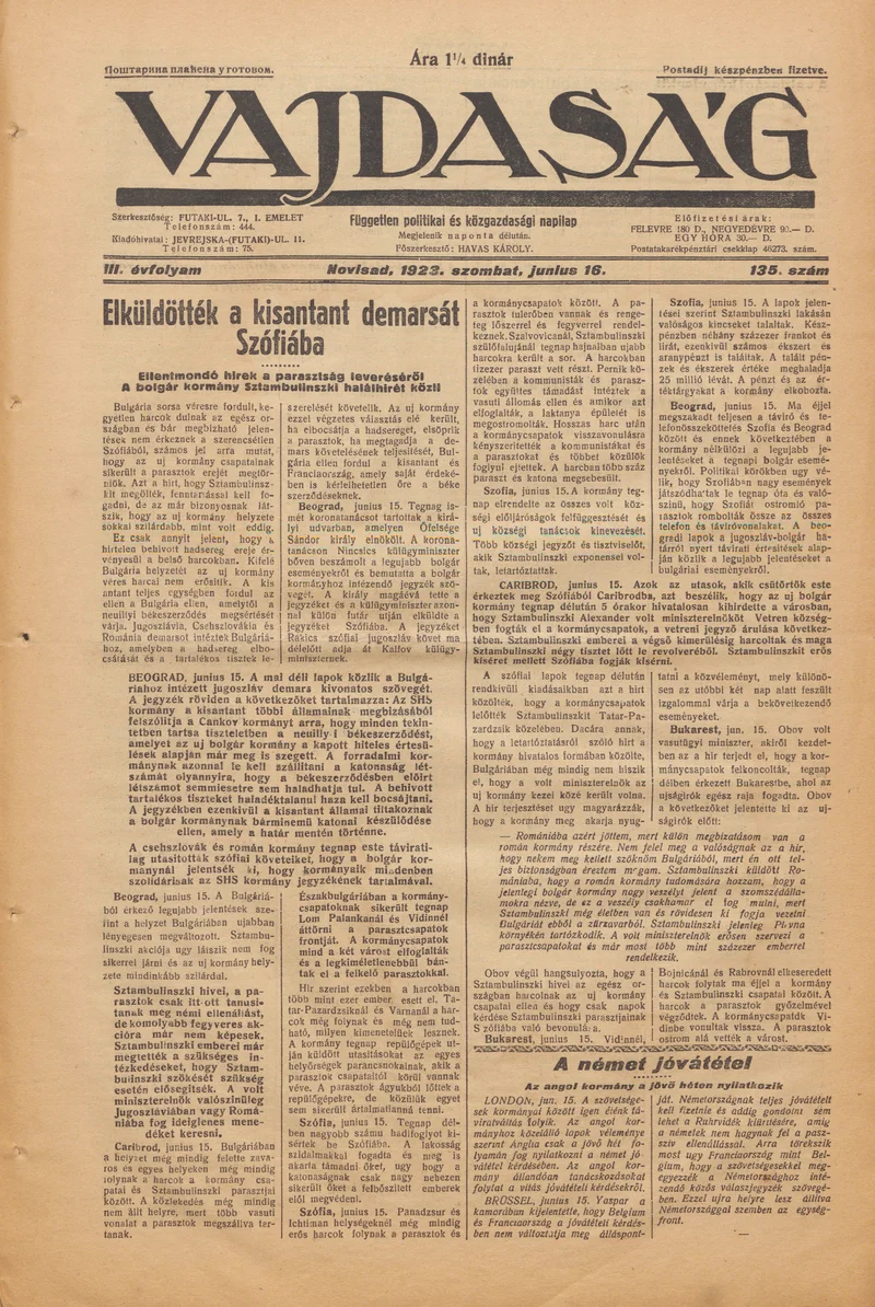 Vajdaság, 3. évf. 1923. június 16. 135. sz.