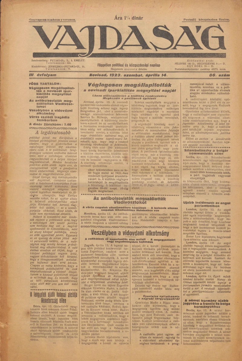 Vajdaság, 3. évf. 1923. április 14. 86. sz.