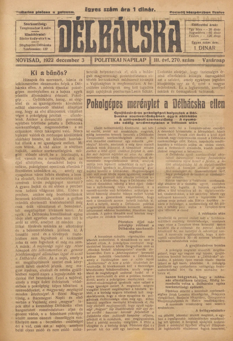 Délbácska, 3. évf. 1922. december 3. 270. sz.