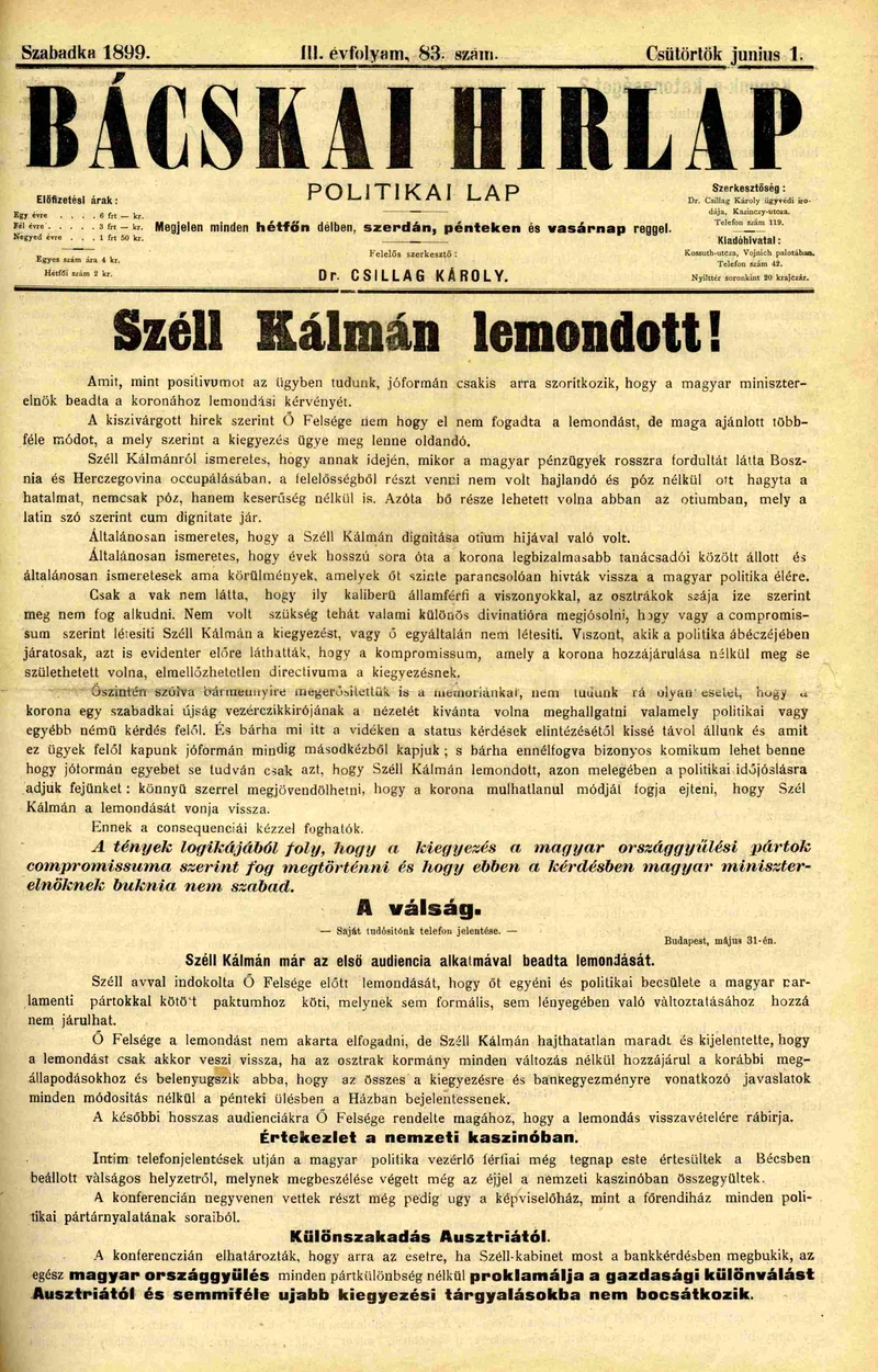 Bácskai Hirlap, 3. évf. 1899. június 1. 83. sz.