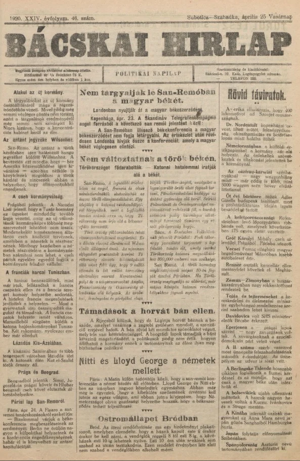 Bácskai Hirlap, 24. évf. 1920. április 24. 46. sz.
