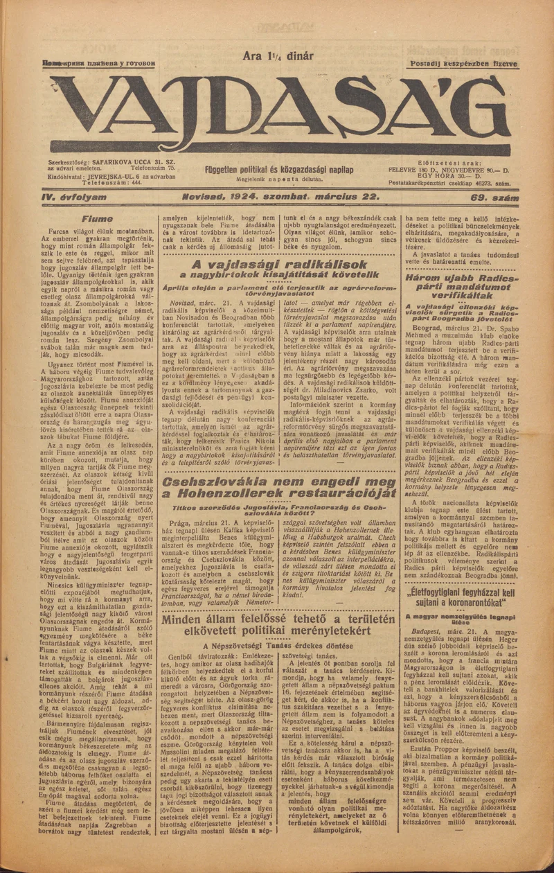 Vajdaság, 4. évf. 1924. március 22. 69. sz.