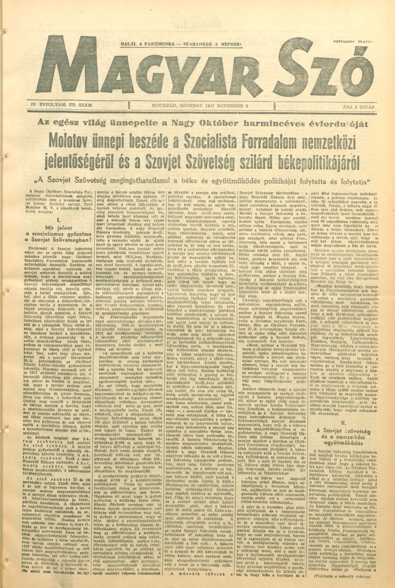 Magyar Szó, 4. évf. 1947. november 8. 273. sz. 1–6. oldal