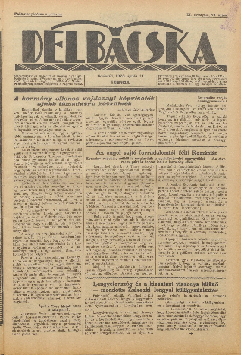 Délbácska, 9. évf. 1928. április 11. 84. sz.