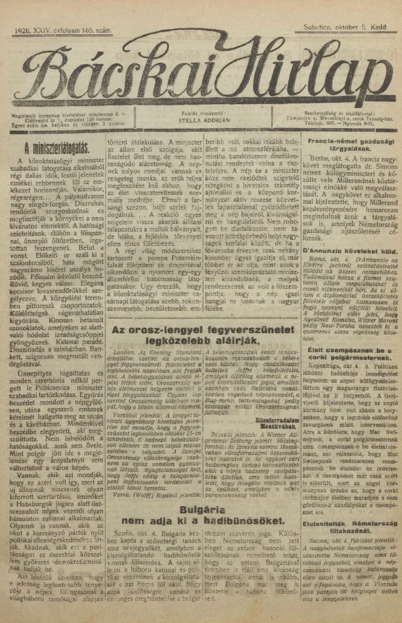 Bácskai Hirlap, 24. évf. 1920. október 5. 165. sz.