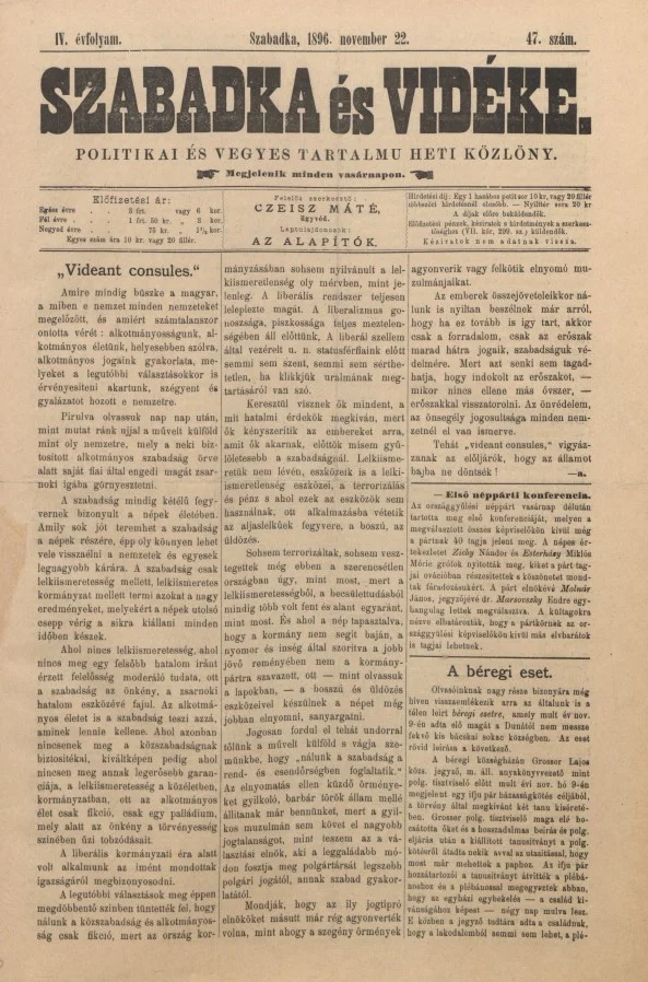 Szabadka és vidéke II, 4. évf. 1896. november 22. 47. sz.