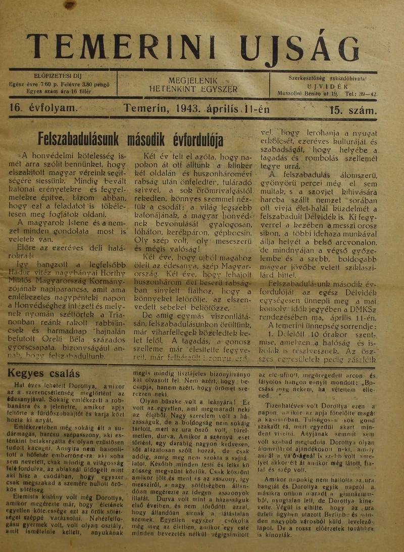 Temerini Újság 1928-1944, 16. évf. 1943. április 11. 15. sz.