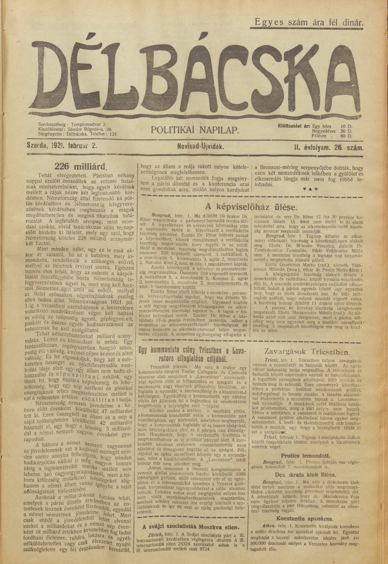 Délbácska, 2. évf. 1921. február 2. 26. sz.