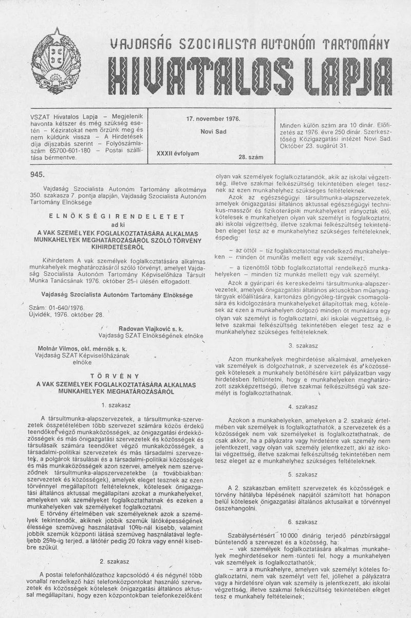 Vajdaság Szocialista Autonóm Tartomány Hivatalos Lapja, 32. évf. 1976. november 17. 28. sz. 1057–1080. oldal