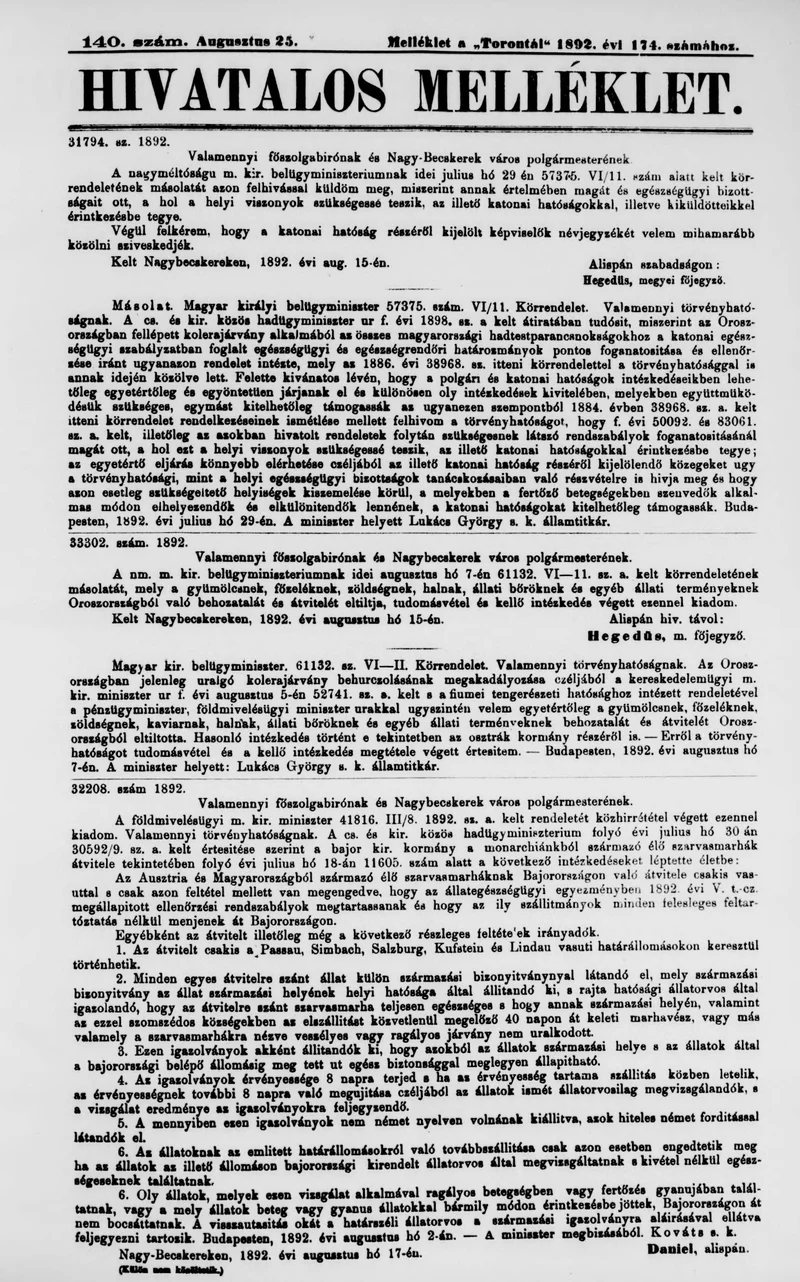 A Totontál  hivatalos melléklete, 5. évf. 1892. augusztus 25. 140. sz.