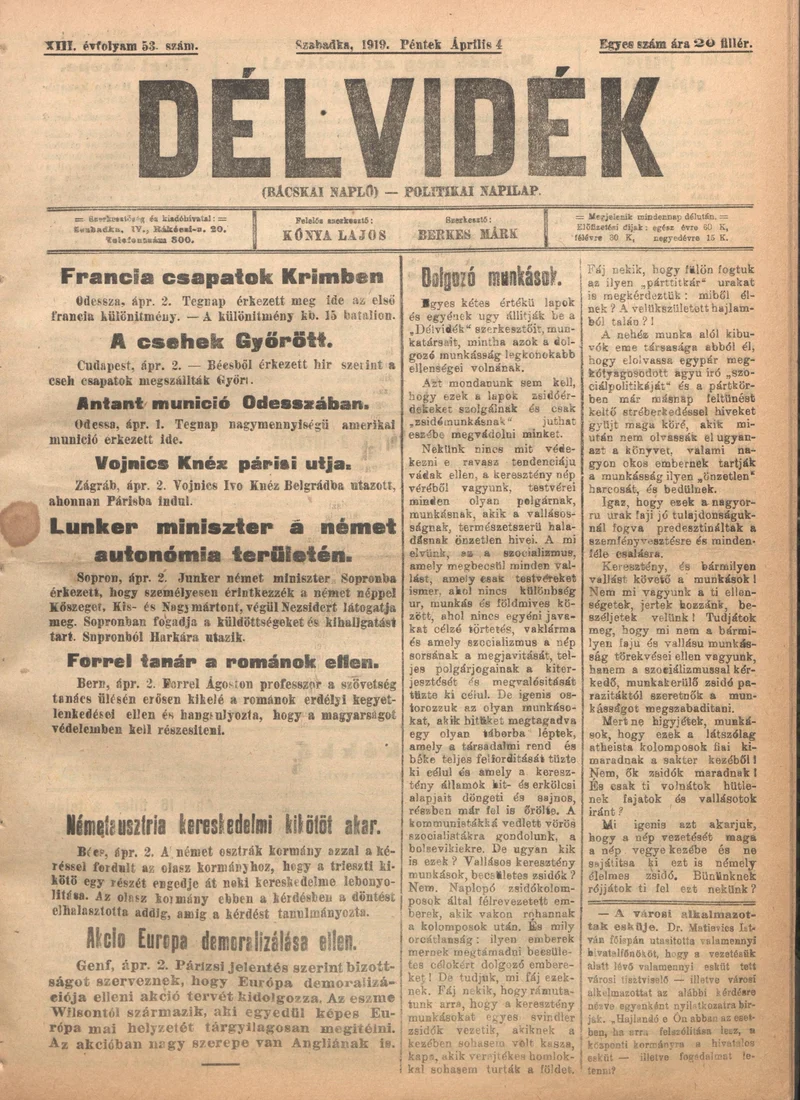 Délvidék, 13. évf. 1919. április 4. 53. sz.