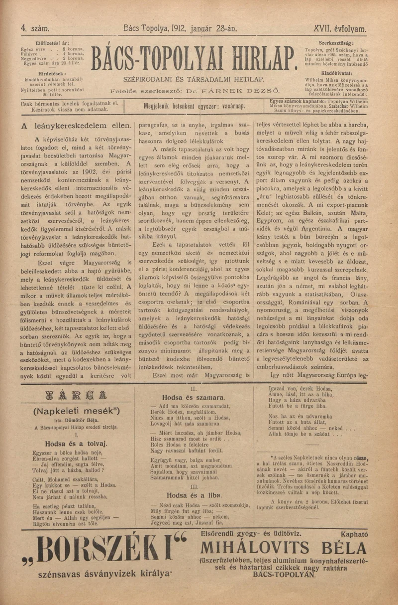 Bács-Topolyai Hirlap, 17. évf. 1912. január 28. 4. sz.