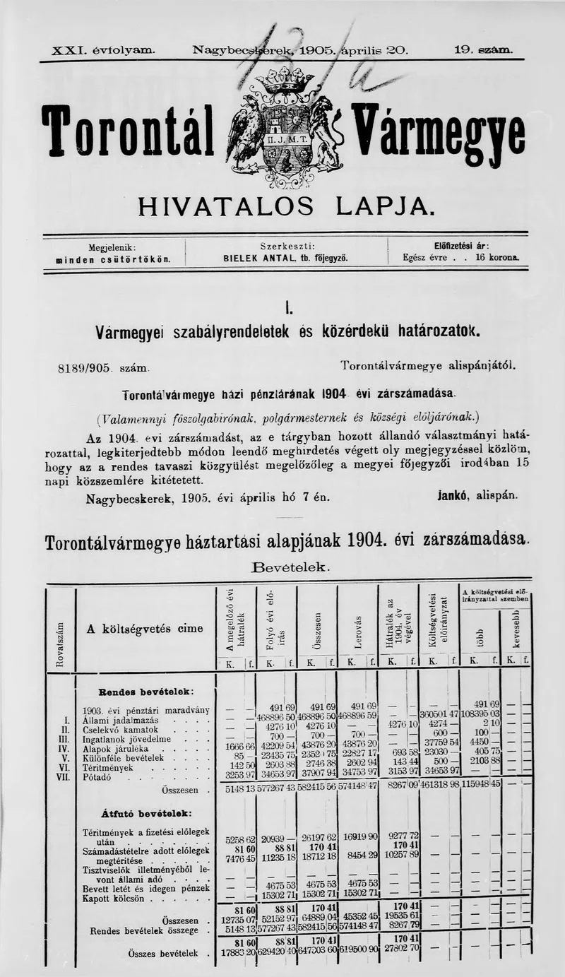 Torontál Vármegye Hivatalos Lapja, 21. évf. 1905. április 20. 19. sz.