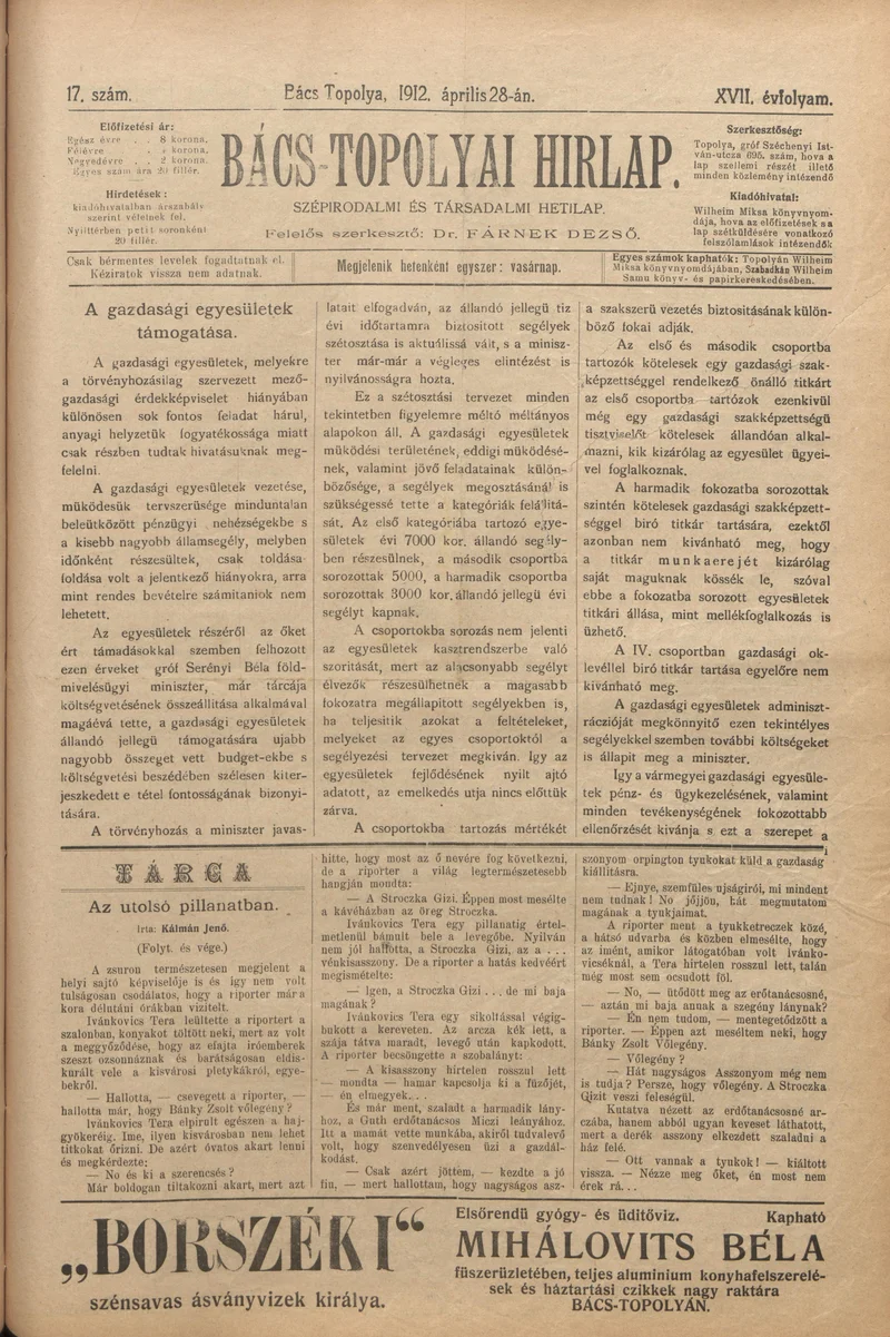 Bács-Topolyai Hirlap, 17. évf. 1912. április 28. 17. sz.