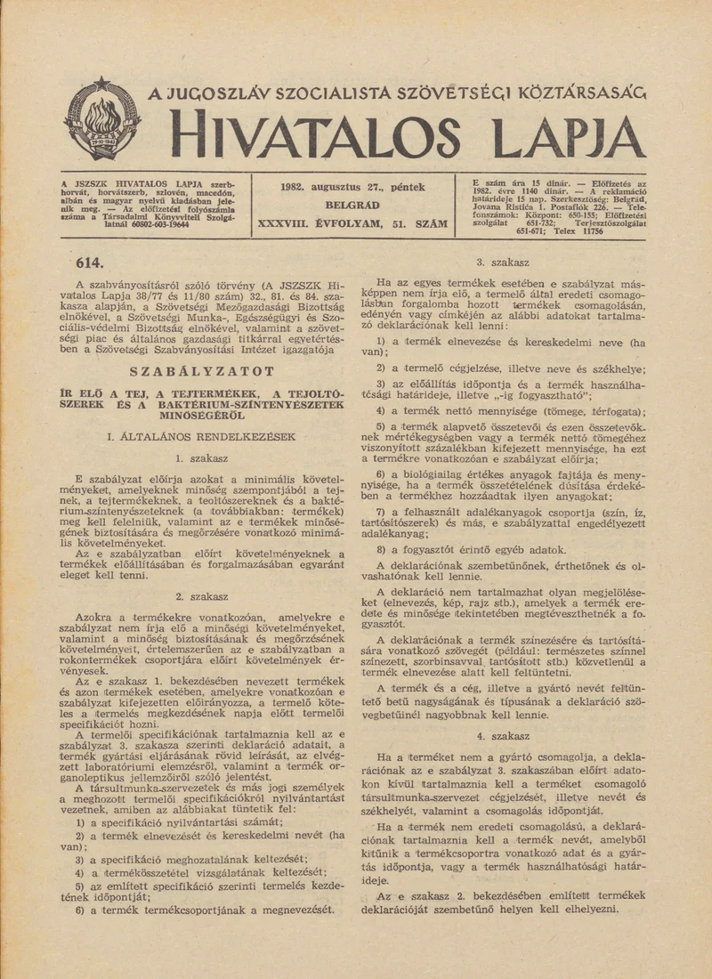 A Jugoszláv Szocialista Szövetségi Köztársaság Hivatalos Lapja, 38. évf. 1982. augusztus 27. 51. sz. 1285–1308. oldal