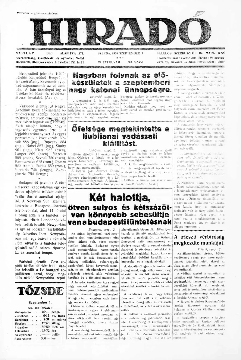 Híradó, 59. évf. 1930. szeptember 3. 203. sz.