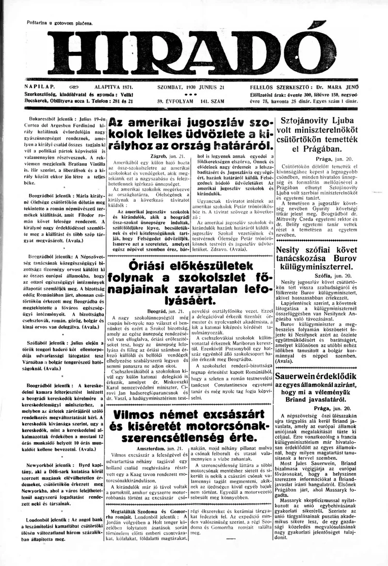 Híradó, 59. évf. 1930. június 21. 141. sz.