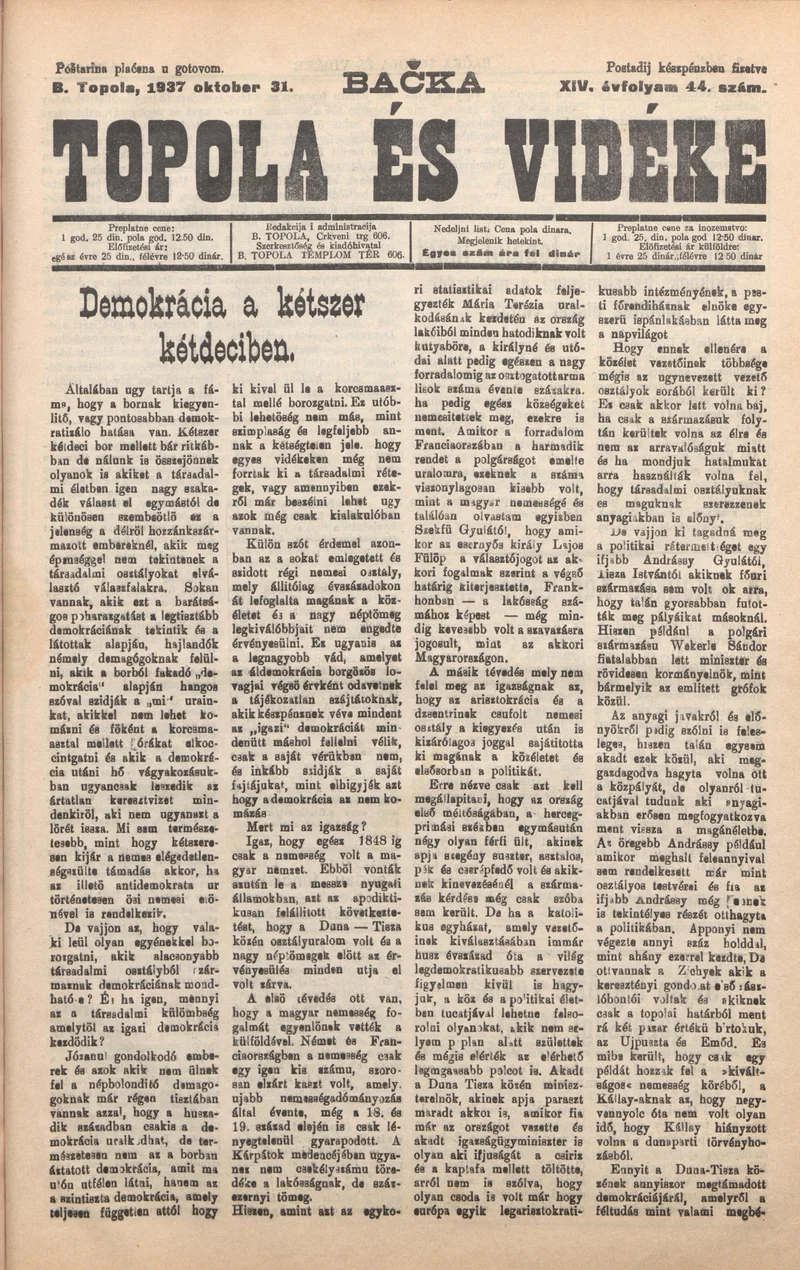 Bačka Topola és Vidéke, 14. évf. 1937. október 31. 44. sz.