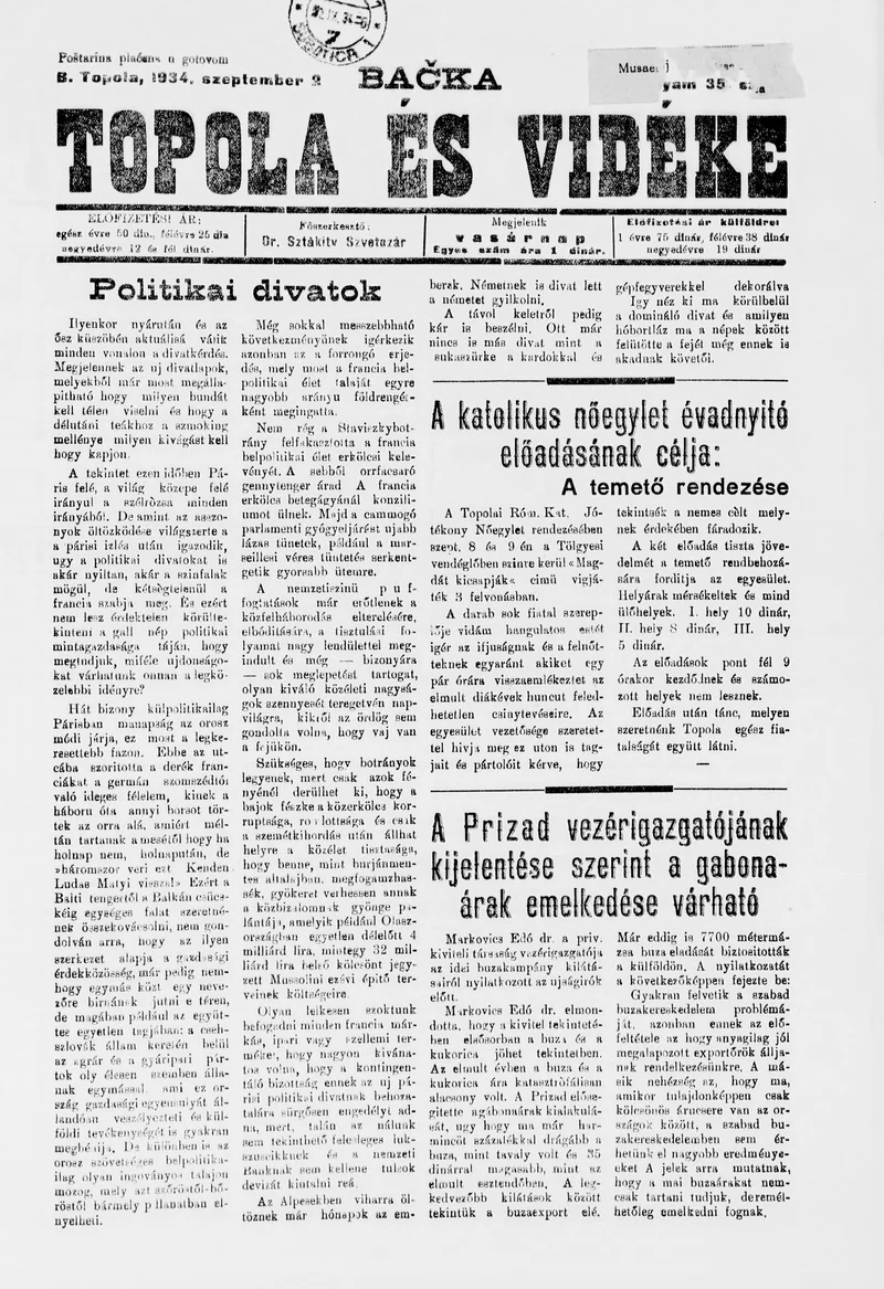 Bačka Topola és Vidéke, 11. évf. 1934. szeptember 2. 35. sz.