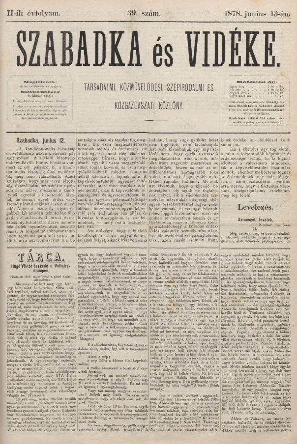 Szabadka és vidéke, 2. évf. 1878. június 13. 39. sz.